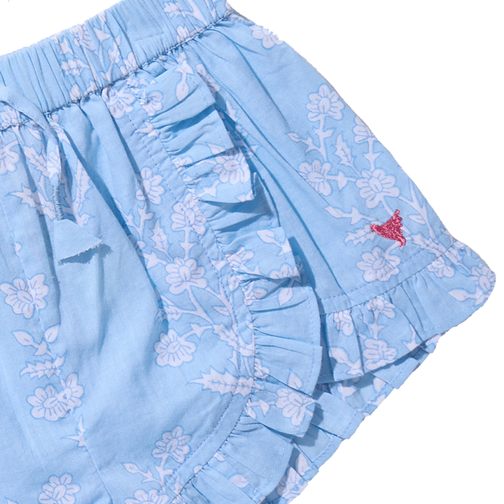 Light blue floral shorts with ruffled details on a white background