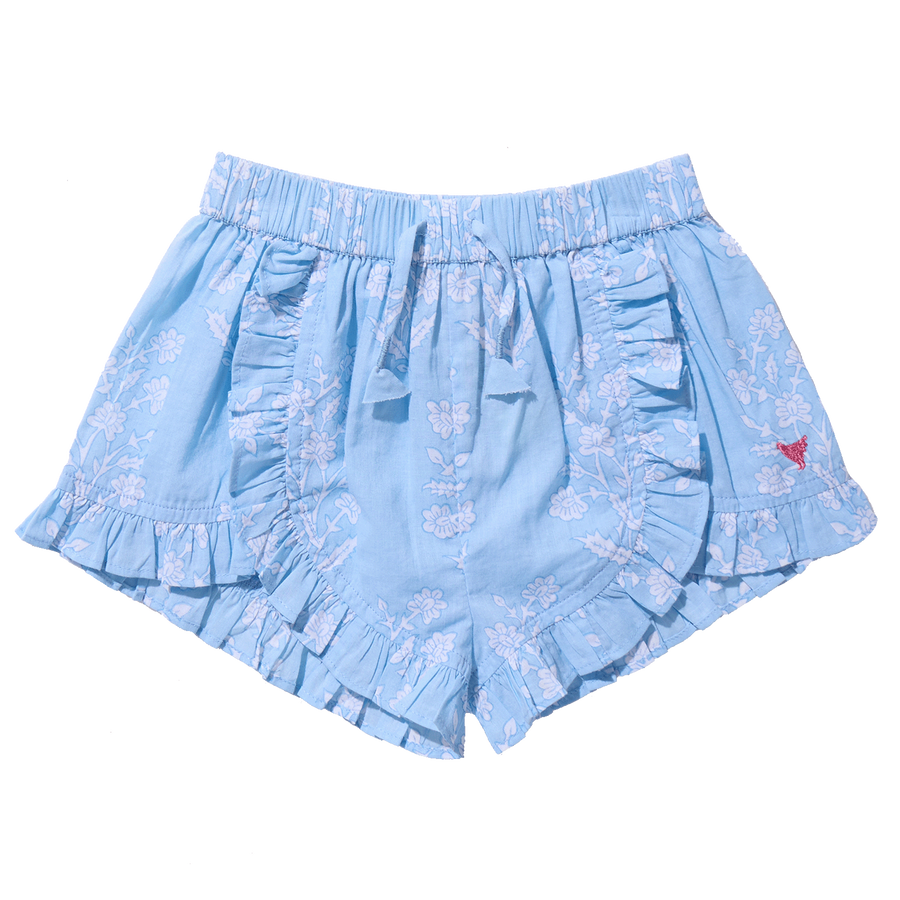 Light blue floral shorts with ruffled details on a white background