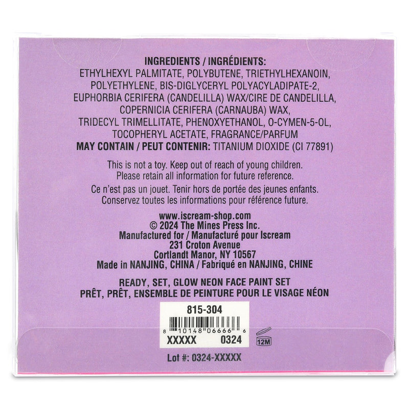 back of case for face paint set, ingredients used in the face paint. 