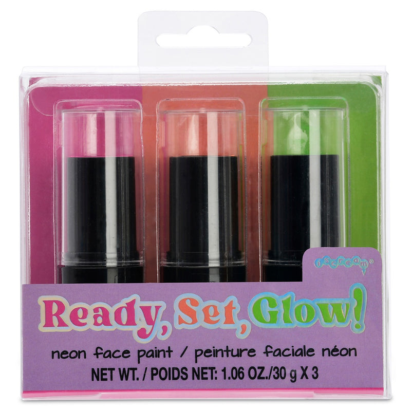 face paint set in plastic container, 3 colors: pink, orange, green all neon