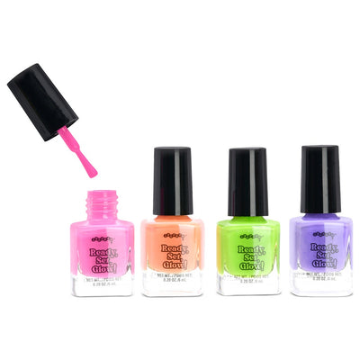 4 different colors of nail polish: pink, orange, neon green and periwinkle blue