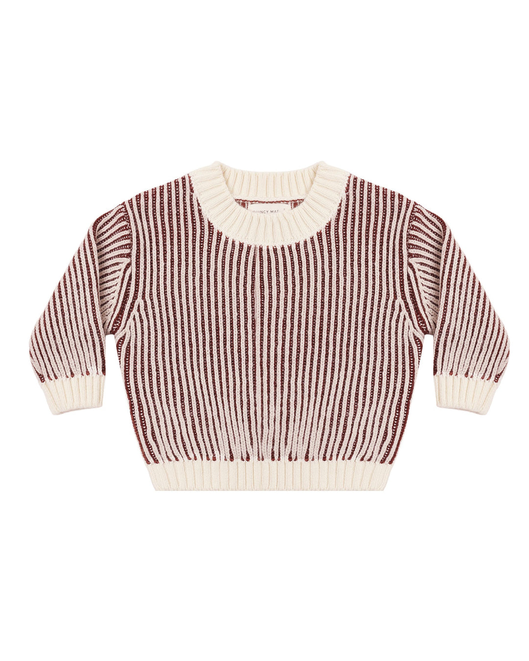 A long-sleeve knit sweater with vertical stripes in dark red and cream, featuring solid cream ribbed trim on the crew neck, cuffs, and hem.