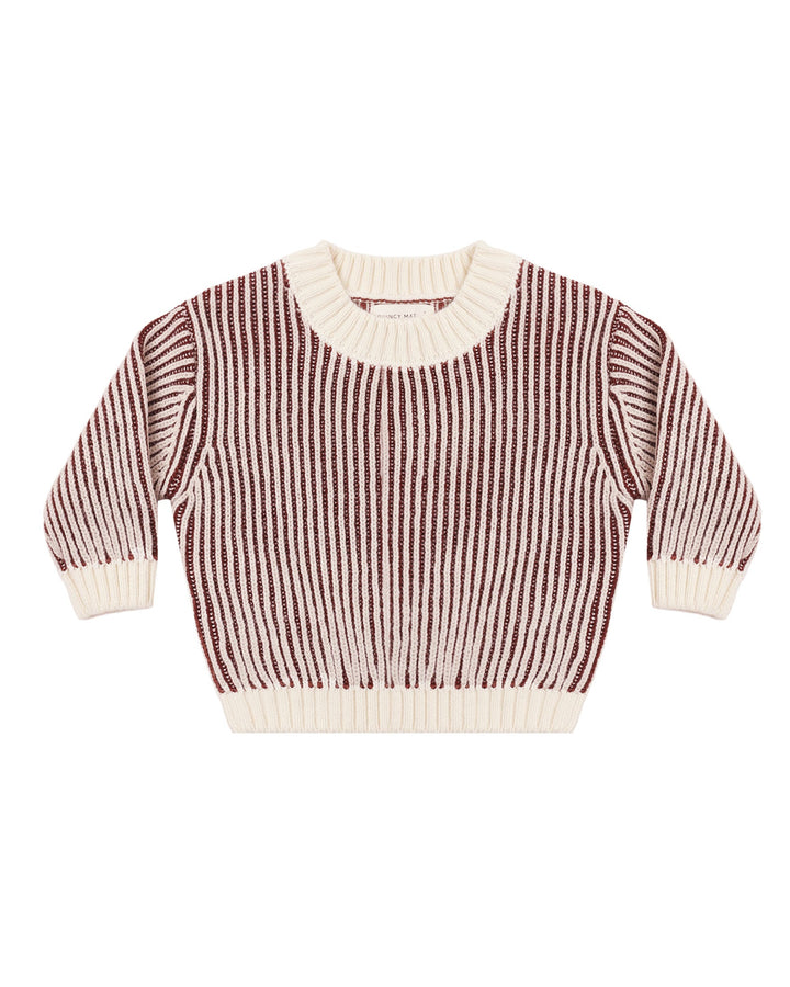 A long-sleeve knit sweater with vertical stripes in dark red and cream, featuring solid cream ribbed trim on the crew neck, cuffs, and hem.