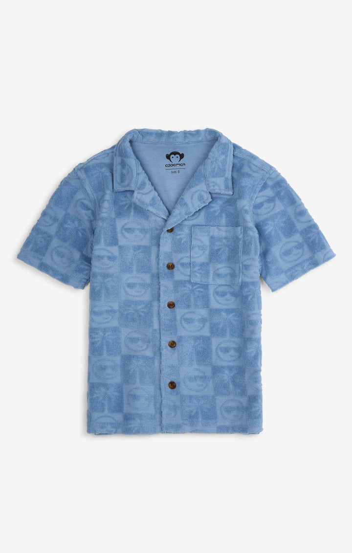 Denim Blue Short Sleeve Button Down Resort Shirt from Appaman that has smiley faces and palm tree print.