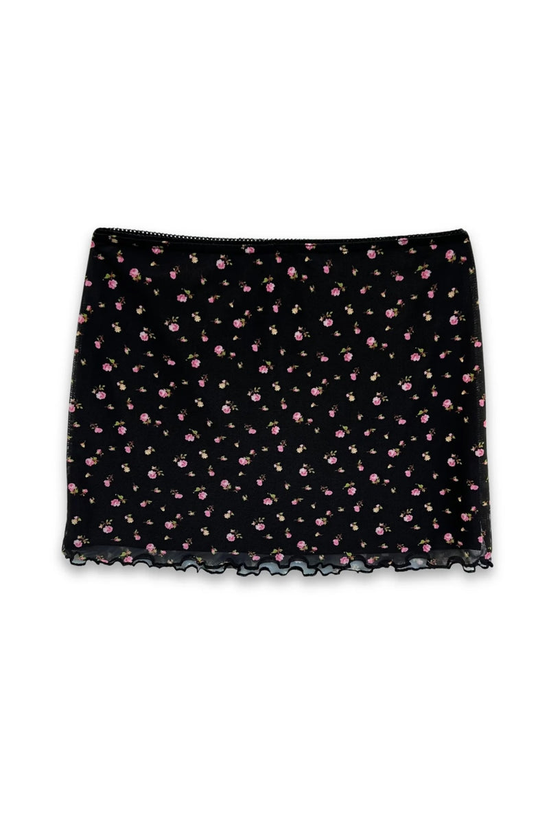 Romi Mini Mesh Black Ditsy Floral Printed Skirt from Katie J NYC with lettuce hem.