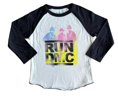 Run DMC Raglan Tee by Rowdy Sprouts. The Sleeves are in Black, the rest of the tee is in white.