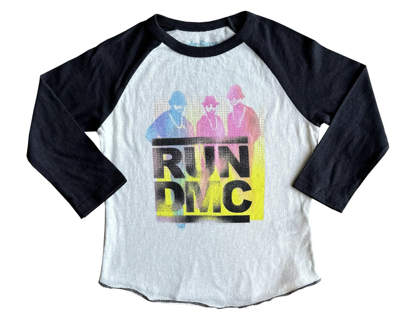 Run DMC Raglan Tee by Rowdy Sprouts. The Sleeves are in Black, the rest of the tee is in white.