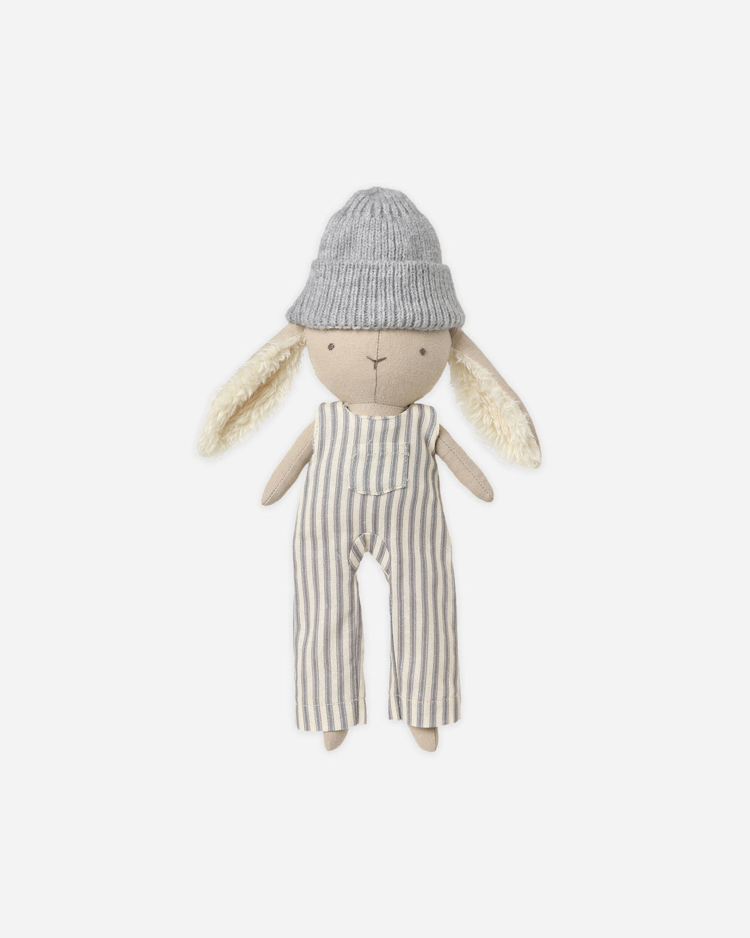 A plush stuffed bunny doll wearing a gray knit beanie and cream-and-gray vertically striped fabric jumpsuit, centered on a plain light background.