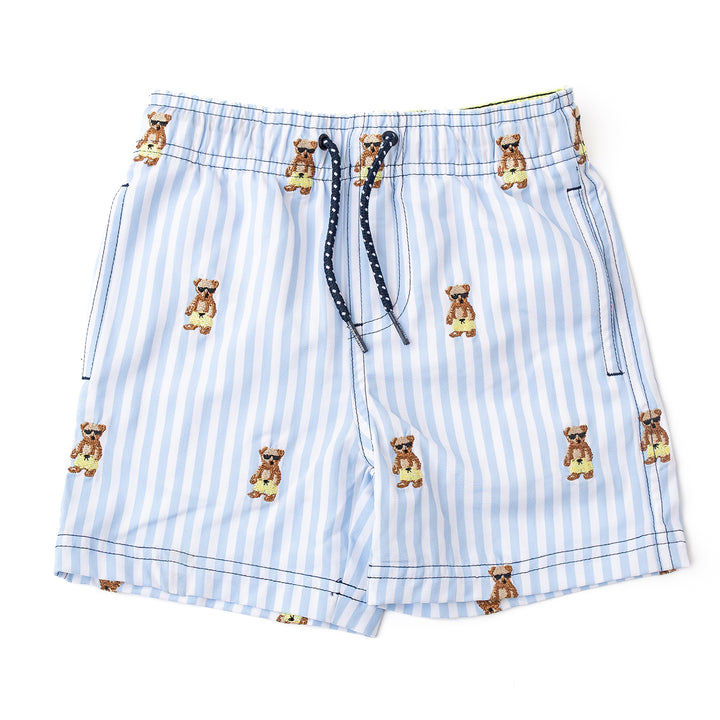 Blue and white striped shorts with teddy bear pattern on a white background
