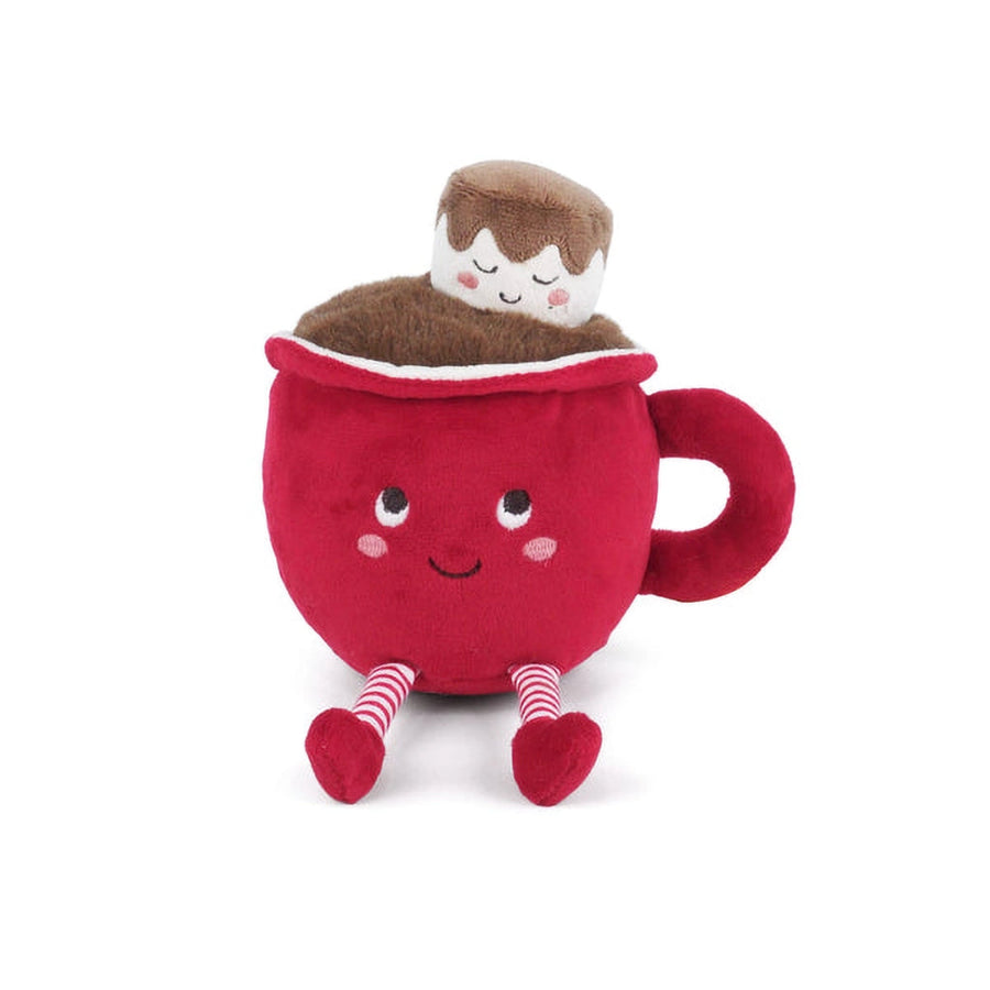 Red plush mug with a marshmallow on top against a white background