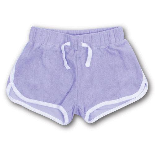 lavender terry cloth shorts. drawstring and elastic waist, white pipiing. 