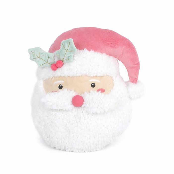 plushy santa wearing a at with holly attached and a pink button nose. 