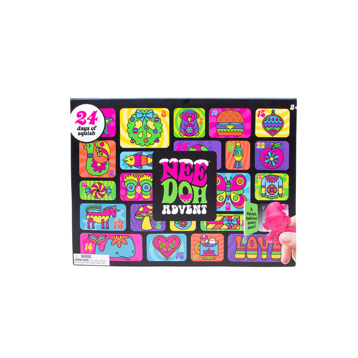 Nee Doh Advent calendar with colorful designs and a small pink toy on a white background