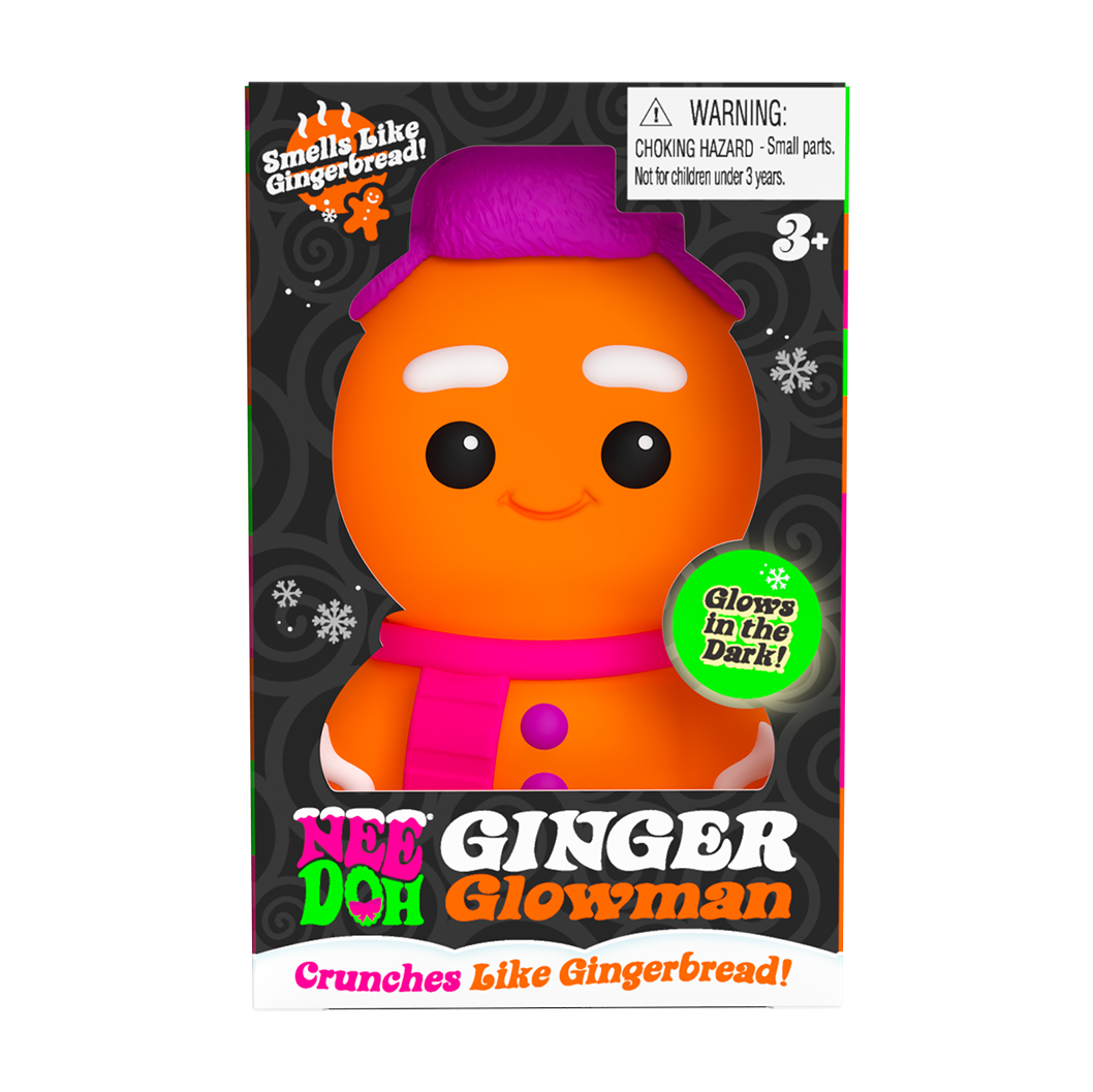 Gingerbread-themed product packaging with a character wearing a purple hat and pink scarf, featuring text and a warning label.