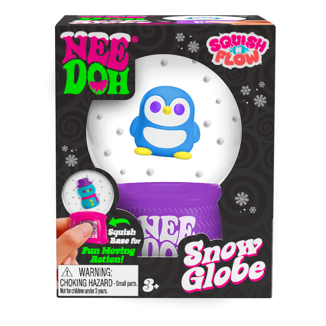 Nee Doh snow globe packaging with a penguin character on a black background