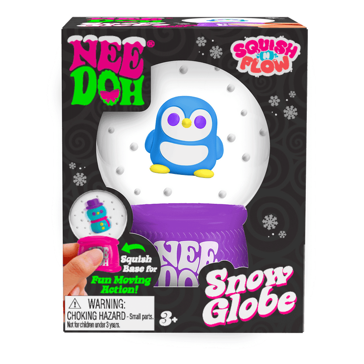 Nee Doh snow globe packaging with a penguin character on a black background