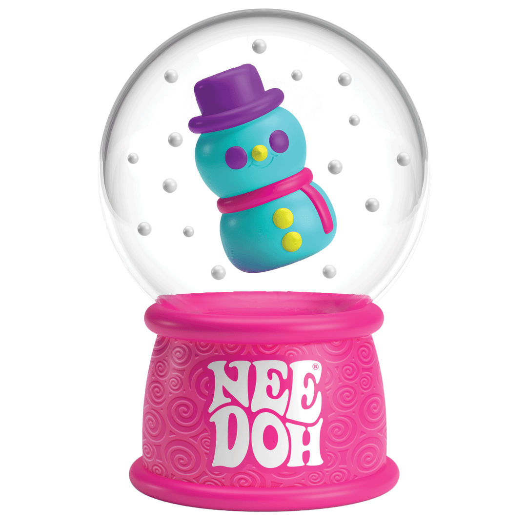 Pink snow globe with a colorful snowman character inside on a white background