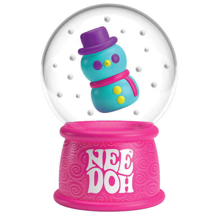 Pink snow globe with a colorful snowman character inside on a white background
