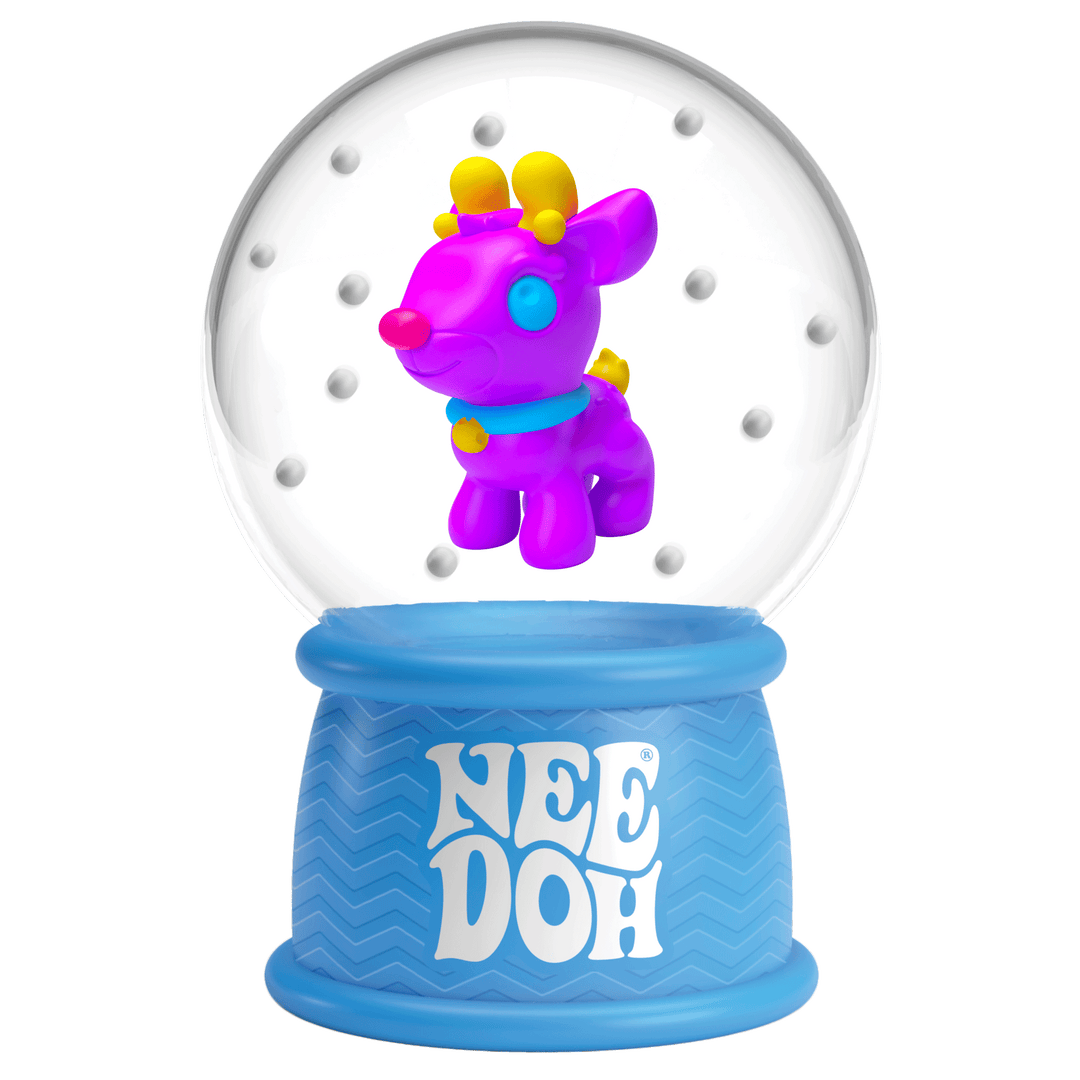 Purple toy figure inside a snow globe with 'NEEDOH' text on a blue base