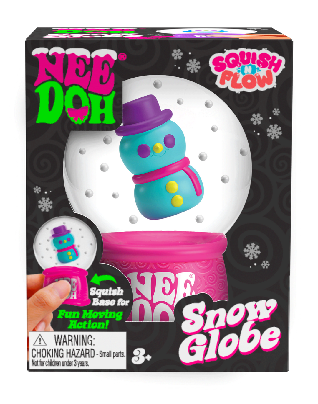 Nee Doh snow globe toy packaging with a snowman figure inside