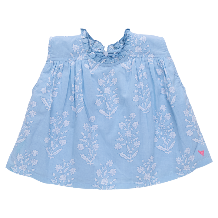 Girls Tops | Misha Top- Blue Dewdrop Block Print | Pink Chicken