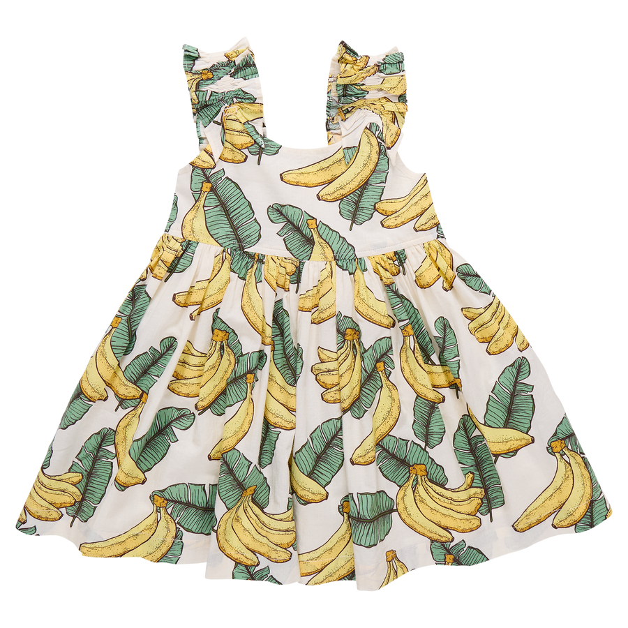 kids Dress with banana and leaf pattern on a white background