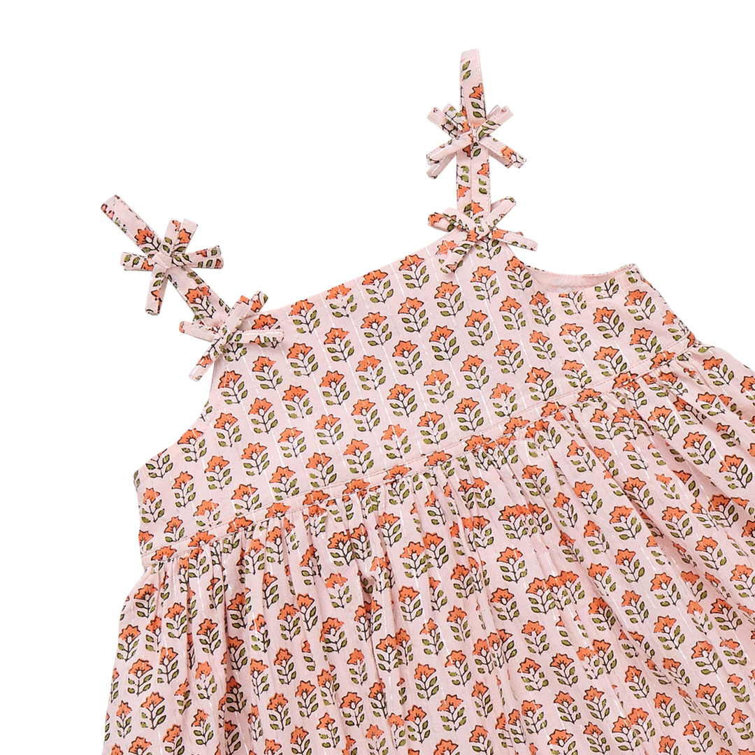 pink block print dress with spaghetti straps 