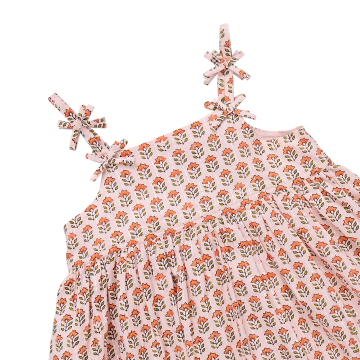 pink block print dress with spaghetti straps 
