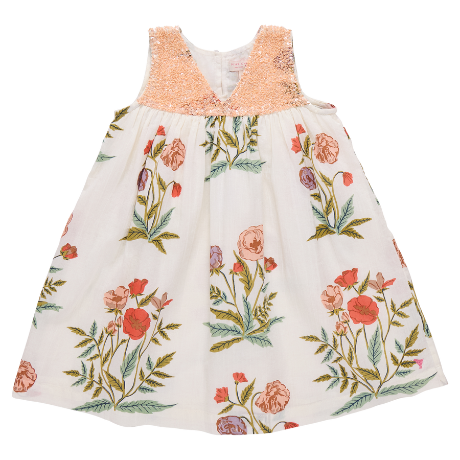 Floral dress with a sequined neckline on a white background