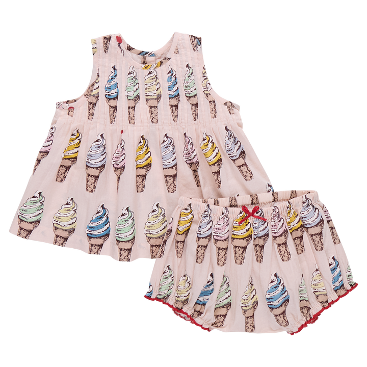 Children's dress and bloomers set with ice cream cone pattern on a white background