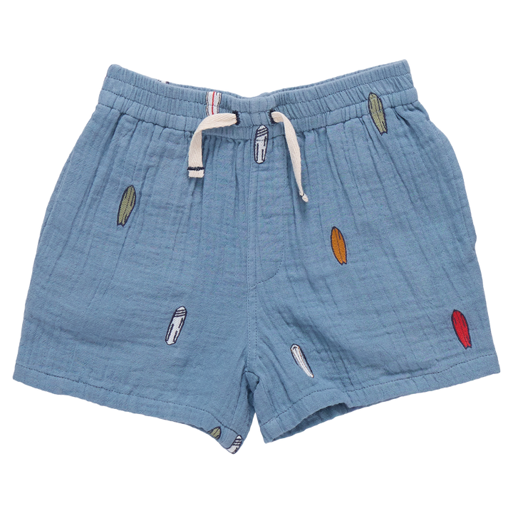 Blue shorts with colorful embroidered accents on a white background