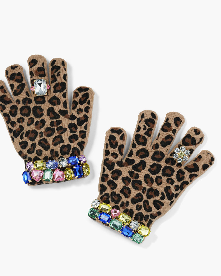 Leopard print gloves with colorful gemstones on a white background