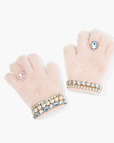 fuzzy pink gloves with rhinestones added for rings and bracelets.  the gloves are for kids and are very glamorous!