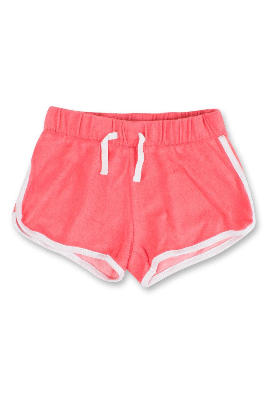terry drawstring shorts in coral color with white piping