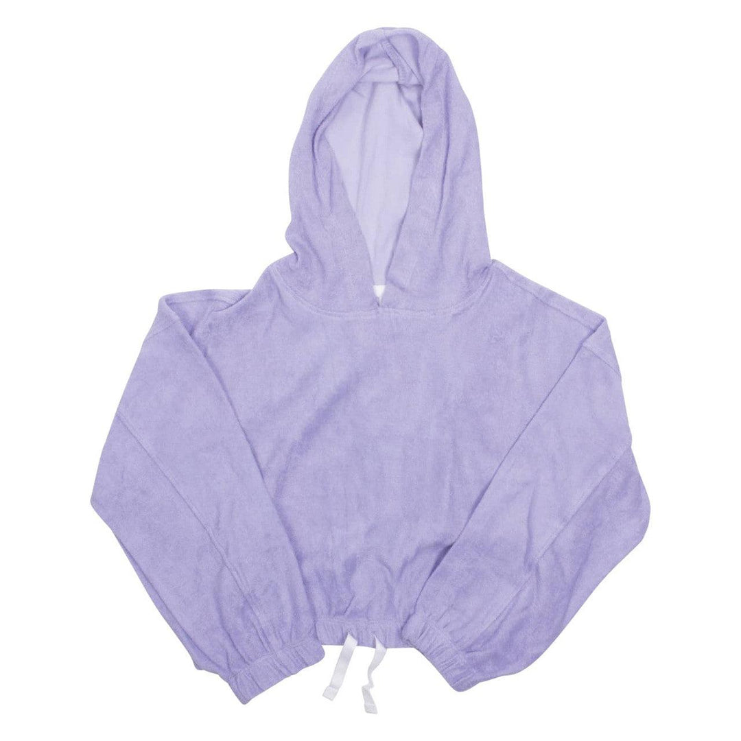 lavender terry cloth hoodie with drawstring at the waist. 