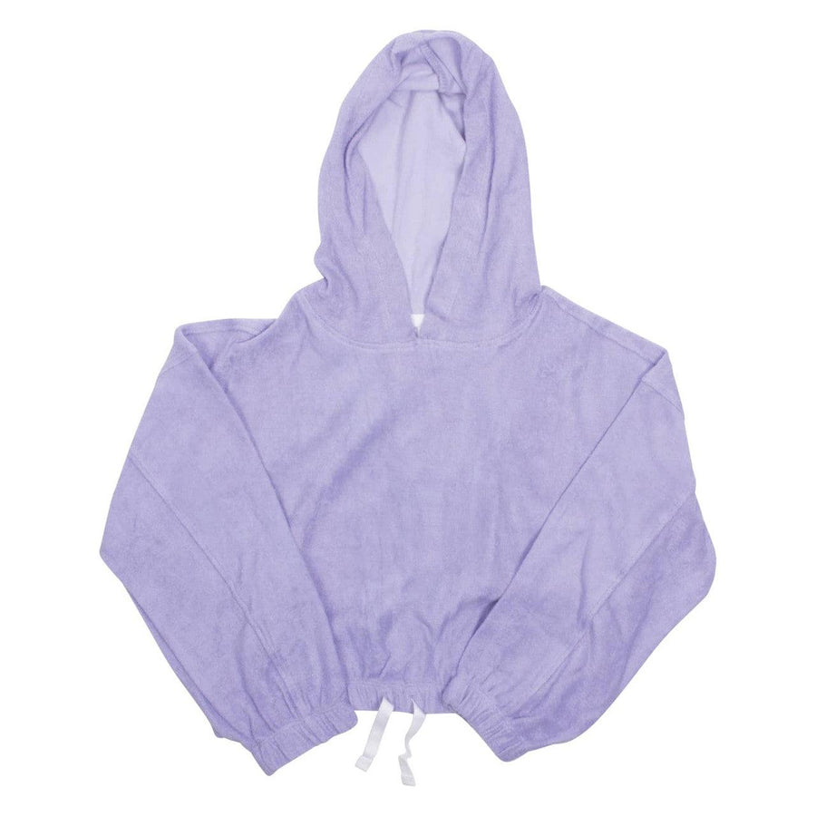 lavender terry cloth hoodie with drawstring at the waist. 