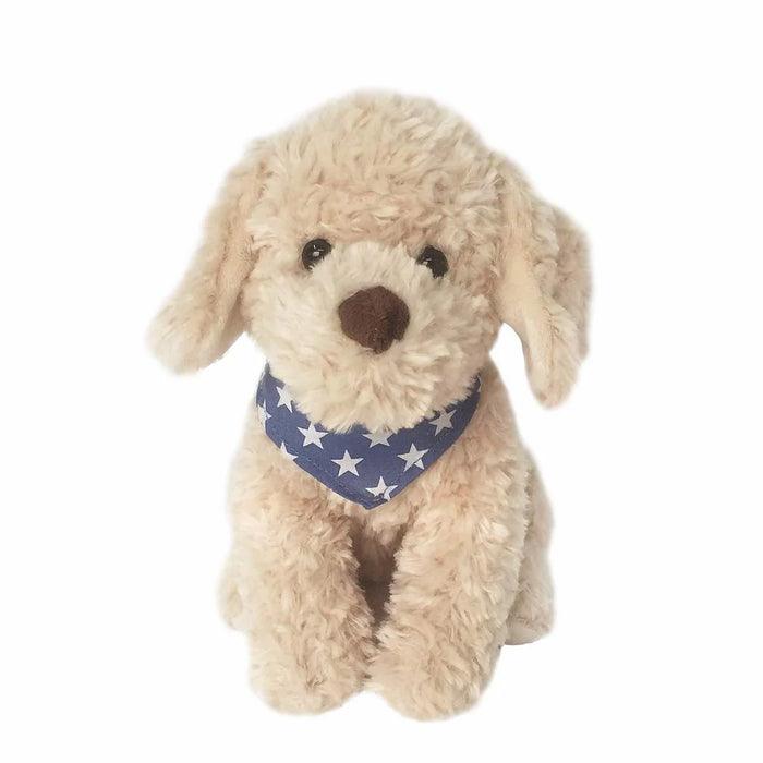 fuzzy golden doodle plush dog with navy bandana 