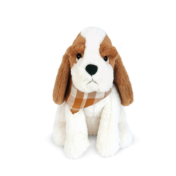 Plush dog toy with a brown and white checkered scarf on a white background