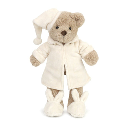 Teddy Bear with beige sleeping hat and beige bathrobe and beige slippers. 