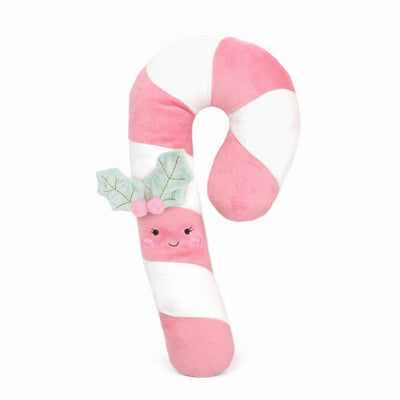 pink and ivory plush candy cane with holly attached near the smiley face