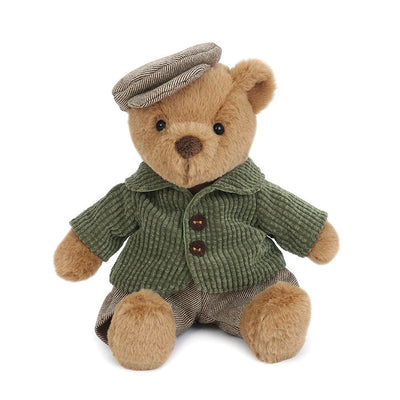 teddy bear dressed with a fedora hat, corduroy jacket and tweed pants. 