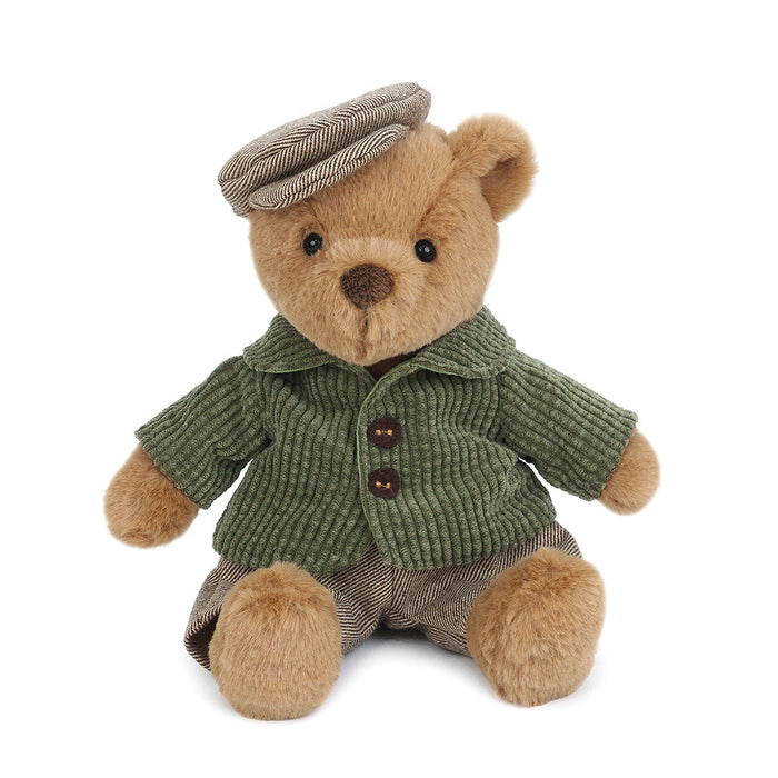 teddy bear dressed with a fedora hat, corduroy jacket and tweed pants. 