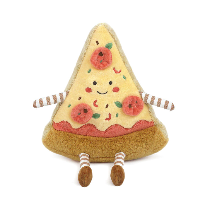 Plush toy shaped like a pizza slice with a smiling face on a white background