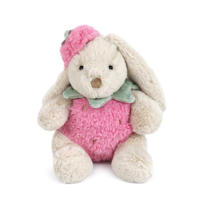 beige plush bunny dressed as a strawberry