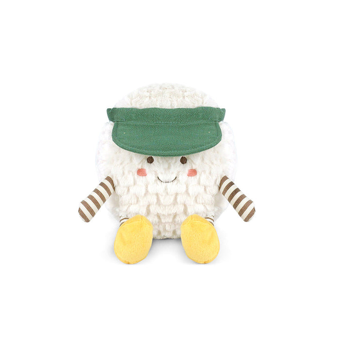 Plush toy golf ball with a green hat and yellow feet on a white background