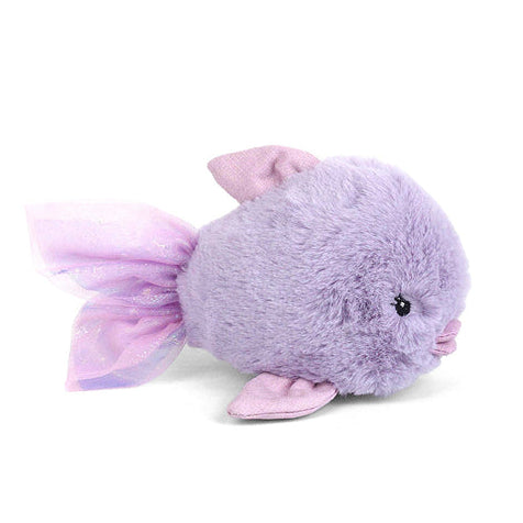 Plush toy resembling a purple  fish with pink accents on a white background