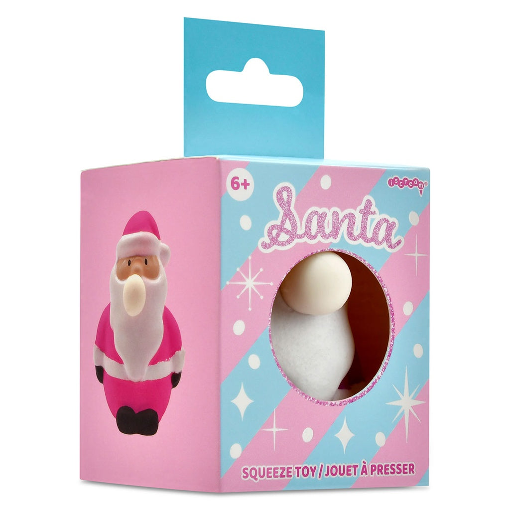 Squeeze toy packaging with a pink and blue design featuring a Santa figure.