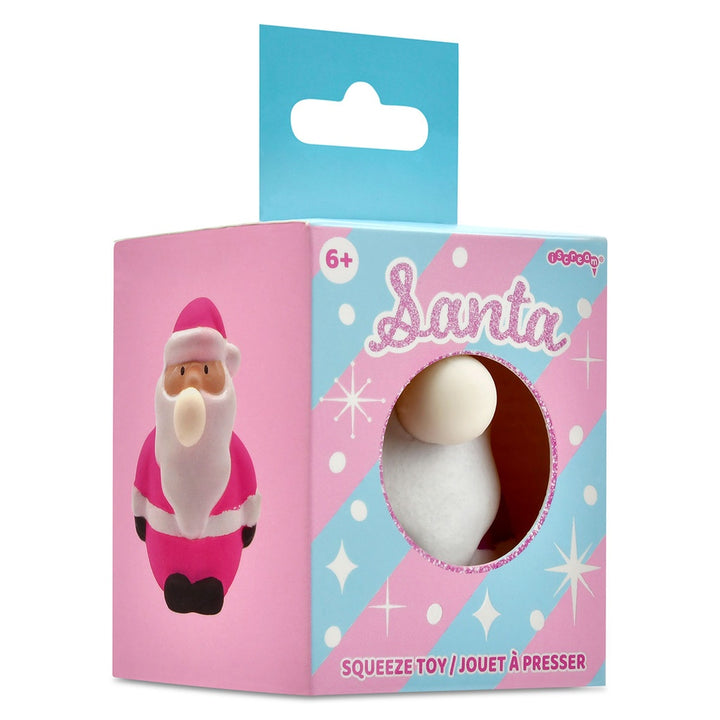 Squeeze toy packaging with a pink and blue design featuring a Santa figure.