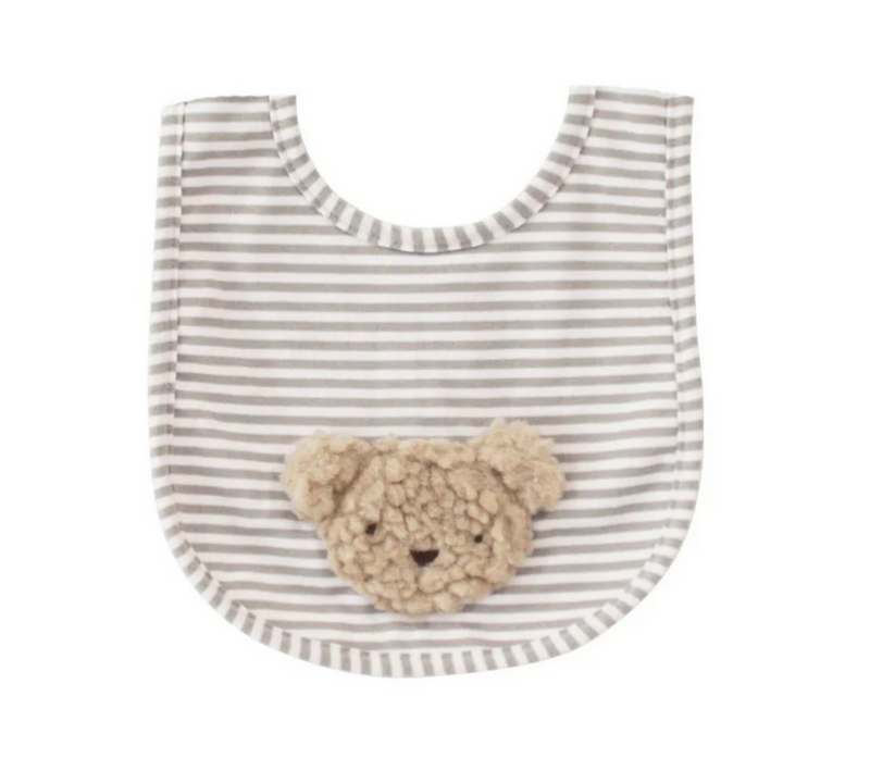 tan and ivory striped bib with sherpa bear face applique on top