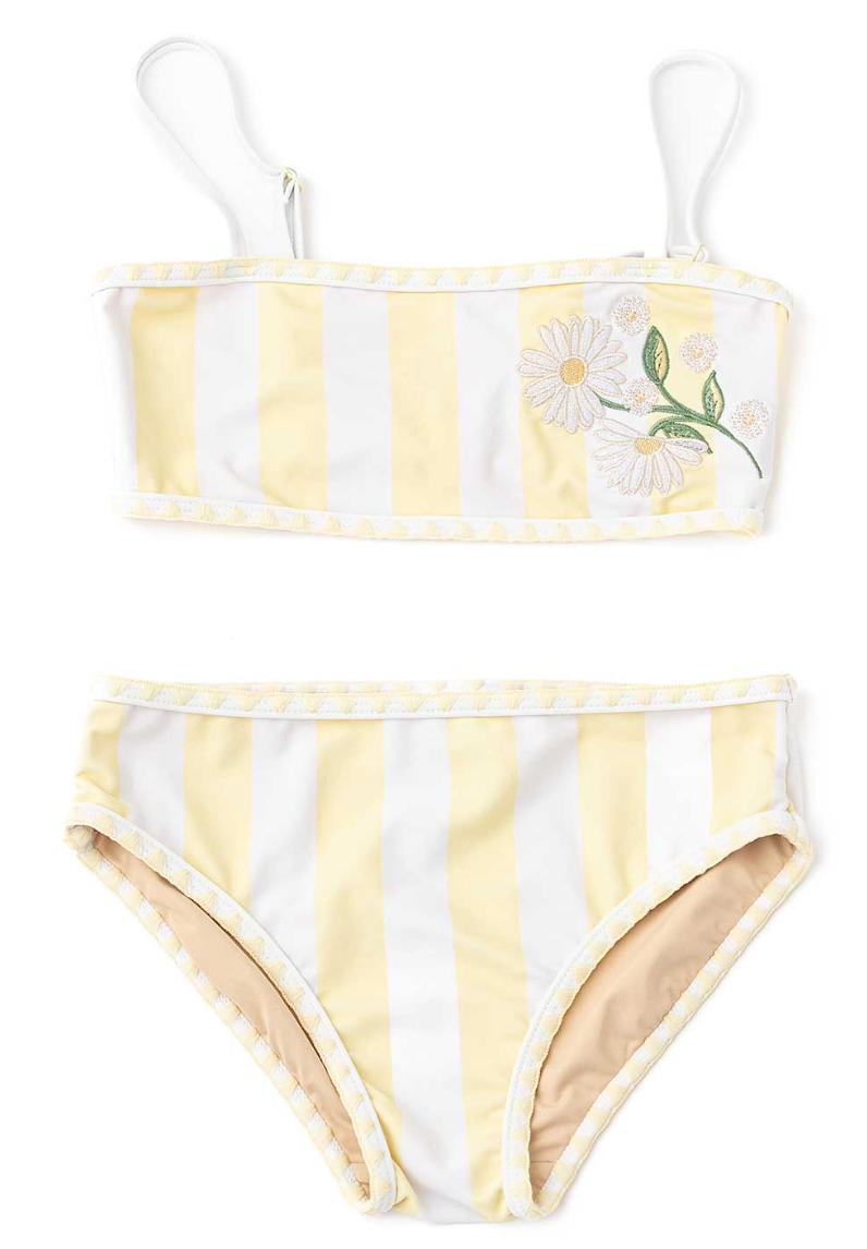 Yellow and white striped bikini with floral design on a white background